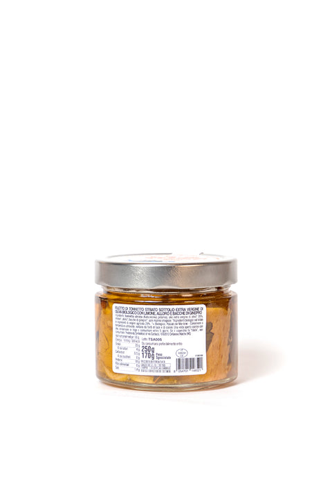Tonno in olio di oliva con limone, ginepro e alloro, 250 gr